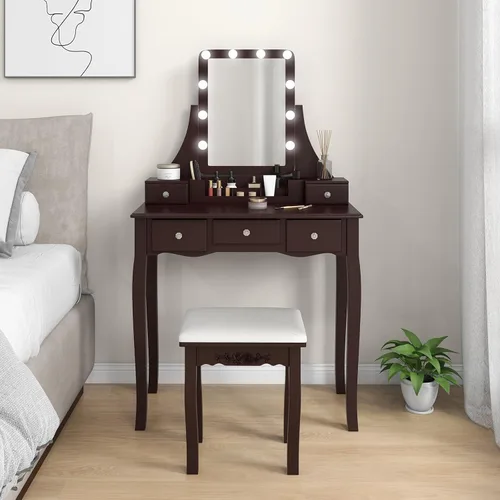 Miniatura 8 de CHARMAID - Mesa de tocador con espejo y luces, mesa de maquillaje con 5 cajones de almacenamiento, 3 modos de iluminación de color, brillo Espresso