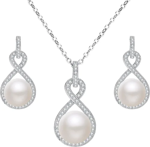 EleQueen Juego de collar y aretes de plata de ley 925 con circonita cúbica AAA, color crema, perlas cultivadas de agua dulce, color marfil, para