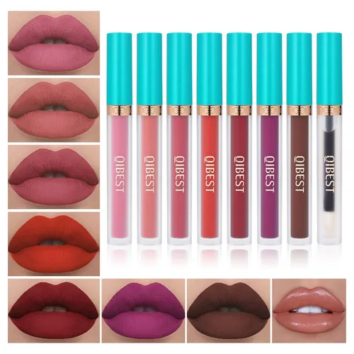 QiBest Juego de 7 lápices labiales líquidos mate con 1 lápiz labial de fontanero brillante, de larga duración, alta pigmentación, aterciopelado,