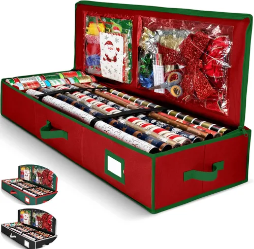 Organizador de papel de regalo de alta calidad, soporte para papel de regalo con bolsillos adicionales para decoraciones navideñas, asas reforzadas,