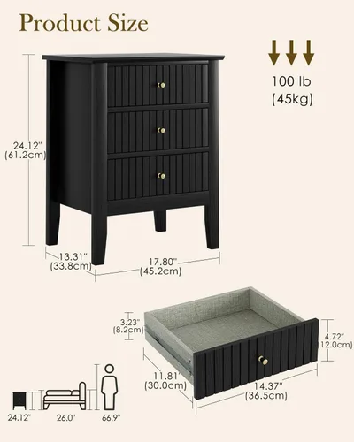 Miniatura 2 de Mesita de noche acanalada, mesita de noche de estilo granja con 3 cajones, mesa auxiliar de acento lateral de mediados de siglo moderno, mesita