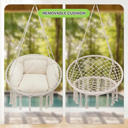 Miniatura 7 de Magshion Silla hamaca colgante con acogedor cojín completo, silla columpio de macramé exterior con capacidad de 350 libras, muebles decorativos Beige