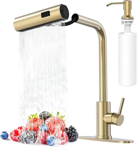 Miniatura 19 de AVSIILE Grifos de cocina en cascada de color negro mate con rociador desplegable y dispensador de jabón, un solo orificio y mango, grifo extraíble