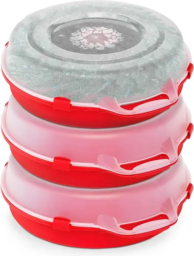 HOMZ Paquete de 3 organizadores decorativos de almacenamiento de coronas de temporada, 24 pulgadas, rojo y transparente, soporte redondo de plástico