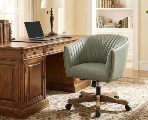 Miniatura 7 de Silla de escritorio de piel sintética verde, silla de escritorio tapizada giratoria con brazo ajustable con cabezas de clavos, cómoda silla
