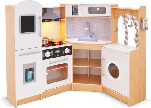 Miniatura 11 de Lil' Jumbl Juego de cocina de esquina para niños, cocina de lujo de madera de simulación, máquina de hielo a pilas, estufa y grifo con sonido Negro