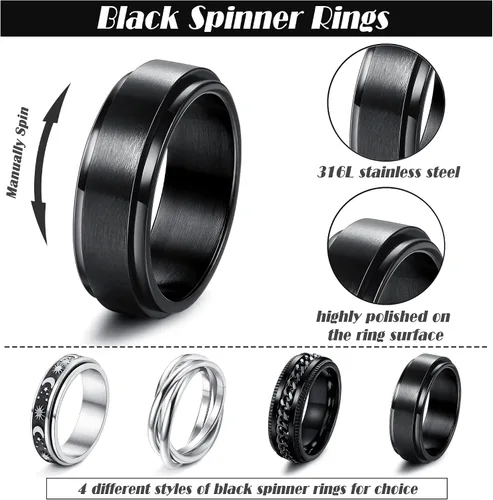 Miniatura 2 de FUNRUN JEWELRY Juego de 4 anillos giratorios de acero inoxidable para mujeres y hombres, anillos de banda para la ansiedad, luna, estrella, celta