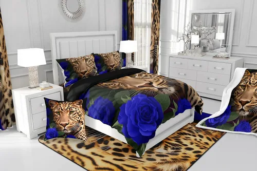 Miniatura 8 de Erosebridal Juego de ropa de cama de guepardo con rosa azul, juego de edredón con estampado de leopardo y gato, edredón romántico de plumón
