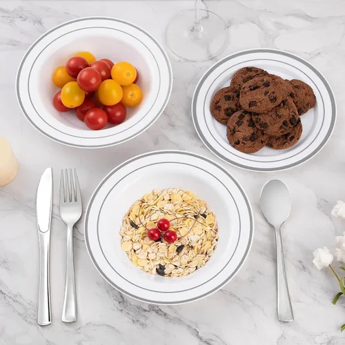 Miniatura 2 de Goodluck Paquete de 50 cuencos de plástico con borde plateado, cuencos de sopa desechables de 12 onzas para bodas, fiestas, cenas, catering y uso