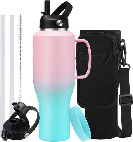 Miniatura 40 de Botella de agua de acero inoxidable de 32 onzas, frío-48 horas y caliente-24 horas, termo con popote y tapas de boquilla, bolsa, botella aislada al