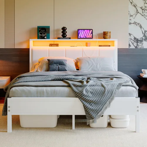 Miniatura 14 de Base de cama de tamaño matrimonial con luces LED, cabecera tapizada con estantes de almacenamiento y estación de carga, base de colchón LED