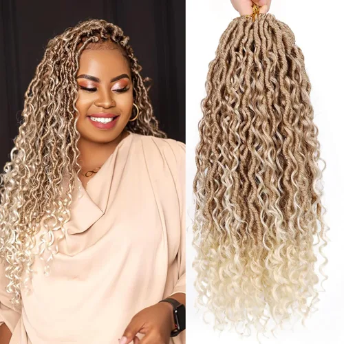 Miniatura 17 de Cabello de Crochet de 8 Pulgadas para Mujeres Negras, 7 Paquetes de Cabello de Crochet Goddess Locs con Puntas Rizadas, Locs Falsos Cortos con Bucle