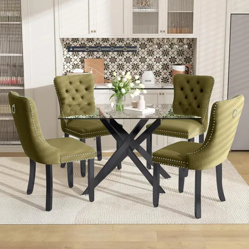 Miniatura 10 de Juego de mesa de comedor de 51 pulgadas de vidrio para 4, mesa de cocina rectangular de vidrio con 4 sillas tapizadas con acentos de terciopelo