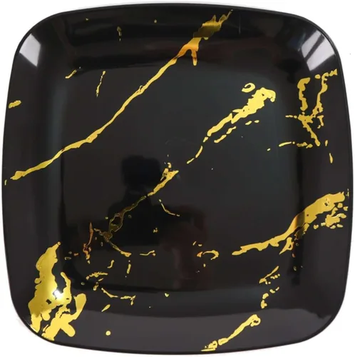 Miniatura 7 de Efavormart - Paquete de 10 platos cuadrados desechables de plástico para ensalada de 8 pulgadas, diseño de mármol negro y dorado, platos de fiesta