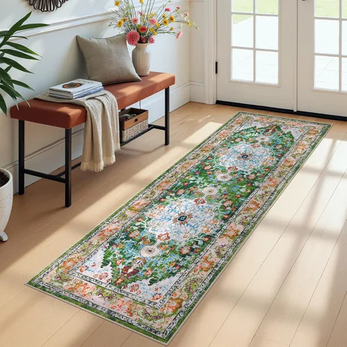 Miniatura 72 de U'Artlines Alfombra de Área Bohemia Lavable, 2x3 Pequeña Suave Antideslizante Vintage Felpudo para Puerta Frontal Interior Alfombra Verde