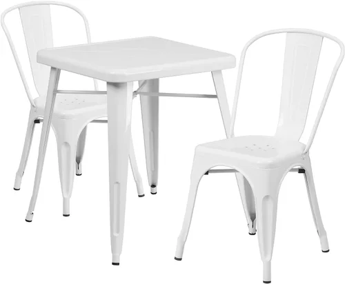 Flash Furniture Juego de mesa cuadrada de metal blanco de grado comercial de 23.75 pulgadas para interiores y exteriores con 2 sillas apilables