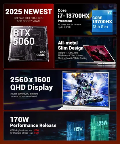 Miniatura 2 de Computadora Portátil para Juegos【300Hz/5060/i7/1TB/Dual RAM】 2560x1600 16:10 WQXGA GPU RTX 5060 CPU Intel Core i7-13700HX RGB Retroiluminado