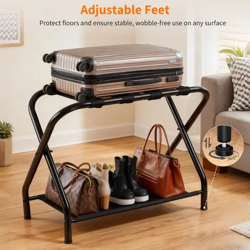 Miniatura 5 de Heybly Portaequipajes, paquete de 2, soporte plegable de acero para maleta con estante de almacenamiento para dormitorio, hotel, marco de acero