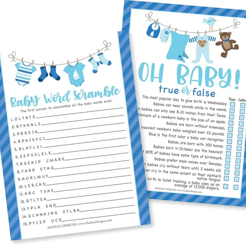 Hadley Designs Juegos de baby shower para 25 invitados – Juego de ropa azul para baby shower, juego de baby shower verdadero o falso, juego de