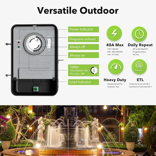 Miniatura 2 de BN-LINK Temporizador de piscina, interruptor temporizador mecánico para exteriores para calentador de agua, bomba de piscina, carcasa de metal