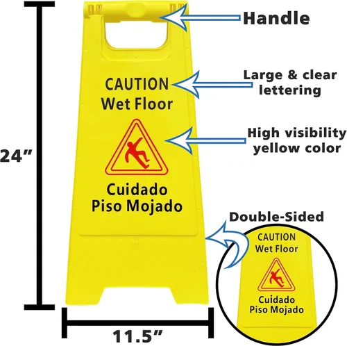 Miniatura 2 de Paquete de 3 carteles de precaución para suelo húmedo, bilingües (Cuidado Piso Mojado), 2 pies de alto, doble cara, color amarillo de alta