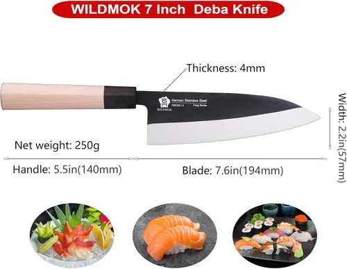 Miniatura 3 de Cuchillo Deba WILDMOK de 7 pulgadas, cuchillo Usuba asiático para salmón, cuchillo Sashimi de acero inoxidable alemán con hoja y mango de madera