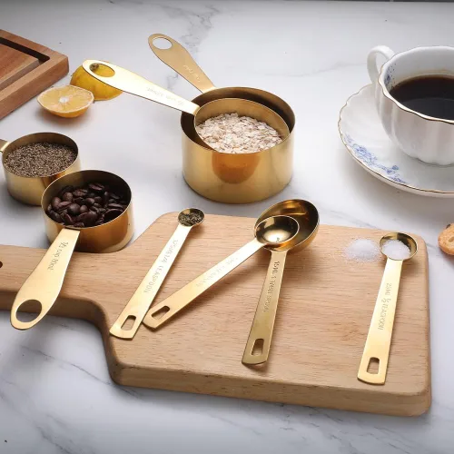 Miniatura 6 de GuDoQi Juego de 9 tazas y cucharas medidoras, mango de acero inoxidable con medidas métricas y estadounidenses, acabado pulido dorado, taza medidora