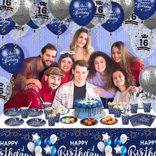 Miniatura 3 de Decoraciones de cumpleaños número 16 para niños y niñas, 131 unidades, azul marino, plateado, suministros para fiesta de cumpleaños de 16 años