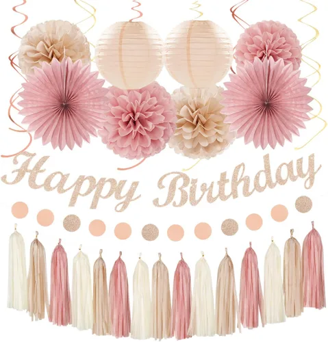 Miniatura 8 de Cartel de feliz cumpleaños rosa y negro para decoración de fiesta – 31 piezas de oro rosa 14º 40º para mujeres y niñas, faroles de papel