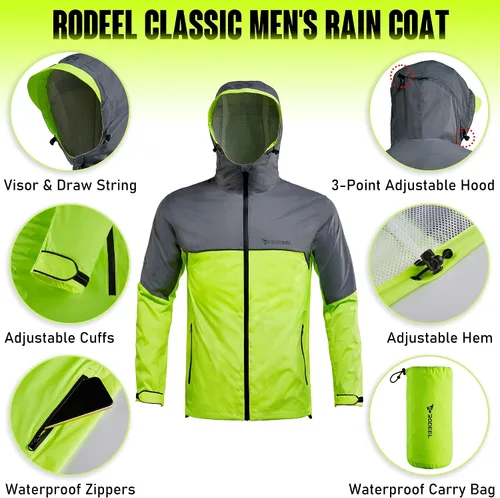 Miniatura 3 de Rodeel Chaqueta impermeable para hombre, ligera, reutilizable, con capucha, para actividades al aire libre