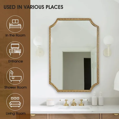 Miniatura 5 de Espejo de pared de 24 x 36 pulgadas, espejo decorativo rectangular de esquinas festoneadas, marco de cuentas de metal, decoración de pared para Oro