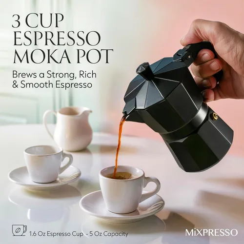 Miniatura 7 de Mixpresso Cafetera Moka Cubana Negra de 3 Tazas, Cafetera Moka para Gas, Estufa Eléctrica, Cafetera Italiana Clásica, Cafetera Espresso para Estufa