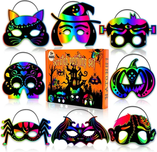 Natonhi 32 piezas de manualidades de Halloween para niños, máscara para rascar arco iris, juegos de Halloween, arte y manualidades, kit de Halloween