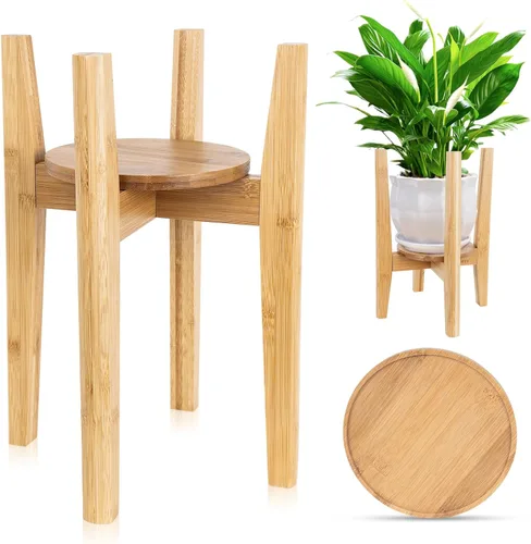 Miniatura 10 de Soporte ajustable para plantas con bandeja, soporte de madera para plantas de interior para macetas de 8 a 12 pulgadas, moderno soporte para macetas