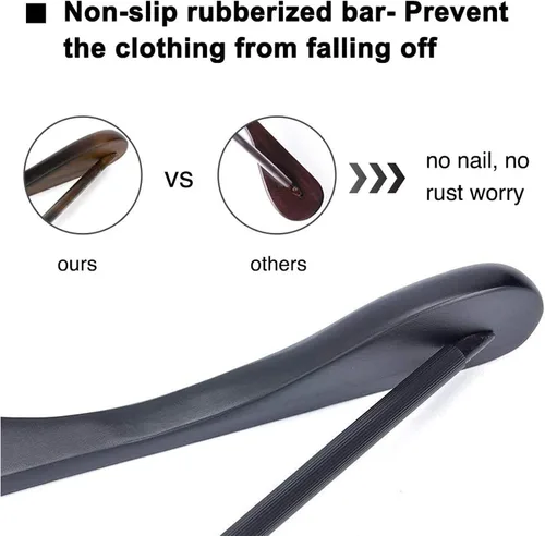 Miniatura 7 de JS Hanger Perchas de madera para trajes, paquete de 6 perchas de madera extra anchas con barra antideslizante para pantalones, acabado negro extra