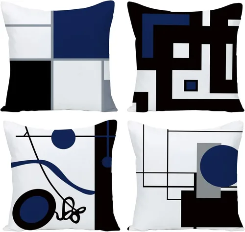 Juego de 4 fundas de cojín decorativas geométricas de color azul oscuro y negro de 18 x 18 pulgadas, decoración moderna geométrica gris negro y rojo