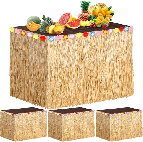 Miniatura 8 de 3 paquetes de faldas de mesa hawaianas de hierba Luau de 108 x 30 pulgadas, hibisco tropical Luau, decoraciones de fiesta, faldas de mesa hawaianas