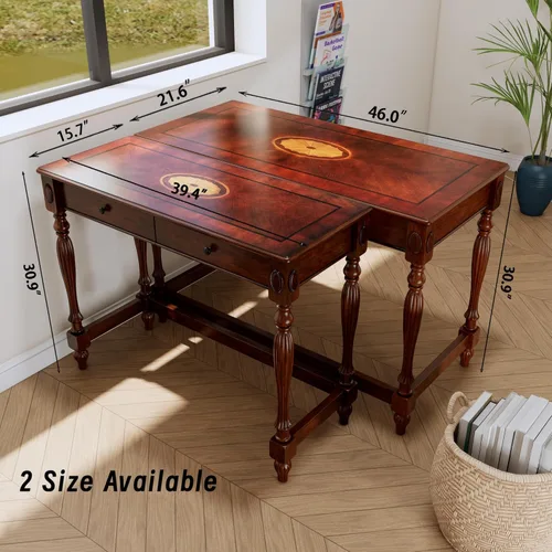 Miniatura 2 de Escritorio de madera maciza para computadora con 2 cajones de almacenamiento, mesa de tocador tradicional, escritorio pequeño de oficina en casa