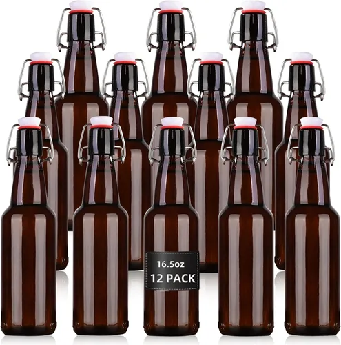 Paquete de 12 botellas de vidrio de 16.5 onzas con tapa oscilante ámbar para tapas herméticas, elaboración casera y fermentación, kombucha, extracto