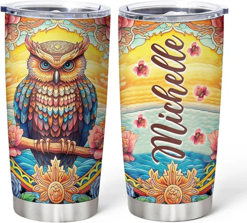 Miniatura 14 de Hyturtle Vaso Personalizado para Amantes de Búhos - Vaso de Café de Acero Inoxidable con Impresión de Búhos y Nombre Personalizado 590 ml con Tapa