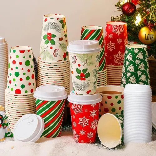 Miniatura 13 de Gerrii Juego de 100 vasos de papel de Navidad desechables de 12 onzas con tapas, tazas de chocolate caliente, tazas de café, tazas calientes