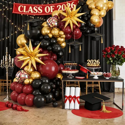 Miniatura 5 de Kit de arco de globos color borgoña, guirnalda de globos color granate negro y dorado con globos de papel de aluminio de estrella para graduación