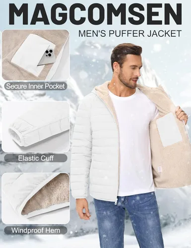 Miniatura 26 de MAGCOMSEN Chaqueta acolchada para hombre con capucha, forro de vellón, chaqueta térmica resistente al agua, chaqueta de plumón con cremallera