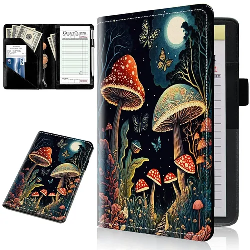 Miniatura 8 de Libreta para mesera, color negro, de 5 x 7.75 pulgadas, con cremallera y soporte para bolígrafo, libro de camarera para tarjetas de crédito, Setas