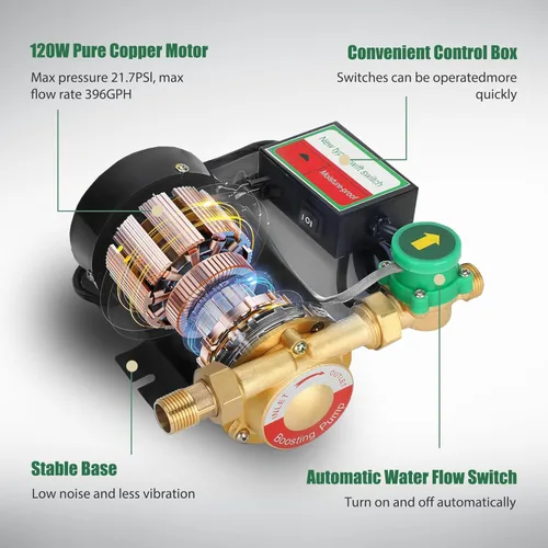 Miniatura 4 de Bomba de refuerzo de presión de agua de 120 W 115VAC, 396 GPH, 21.7 PSI Bomba de refuerzo automática para el hogar con interruptor de flujo de agua