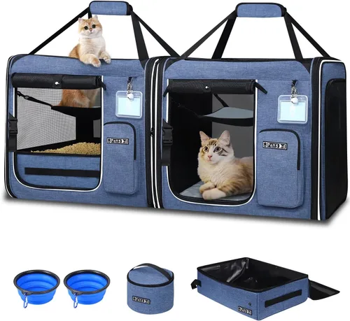 Petskd Transportador de viaje doble para gatos 2 en 1 con caja de arena, 38 x 17 x 18 pulgadas, transportador portátil doble extra grande para
