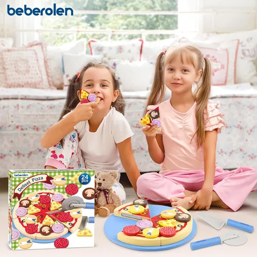 Miniatura 9 de Conjunto de Comida de Juguete de Pizza de Madera - 24 Piezas de Juguetes de Corte, Accesorios de Cocina de Juego de Simulación para Niños Pequeños