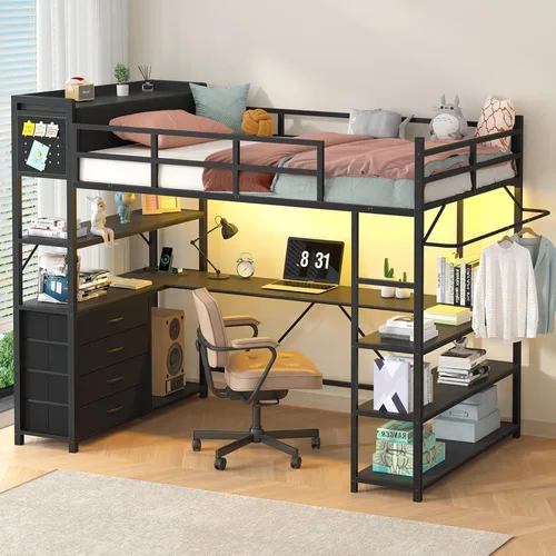 Loft Bed Twin Size with Storage Upholstered Headboard, Black Twin Loft Bed Frame with U-Shaped Desk & LED Lights, Bunk Loft Beds with Power Outlet,