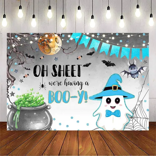 Avezano Telón de fondo de Halloween para baby shower, con texto en inglés "We Having a Boo-y", lindo fantasma azul, decoración de baby shower (7 x 5