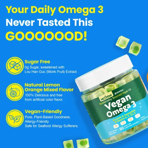 Miniatura 7 de Gomitas Omega 3 de 1600 mg, suplemento de algas Omega 3 sin pescado + multivitamínico, luteína, zeaxantina, arándano, vitamina A, C, D3, E